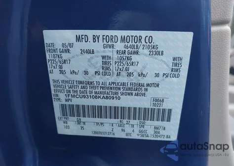 2008 Ford Escape Xlt z USA, uszkodzony, nr VIN 1FMCU93108KA80910